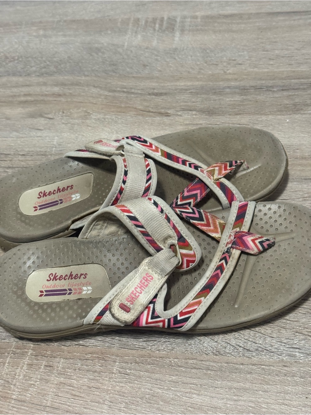 Skechers Taupe Flip Sandal with Pink & Multicolor Chevron Straps